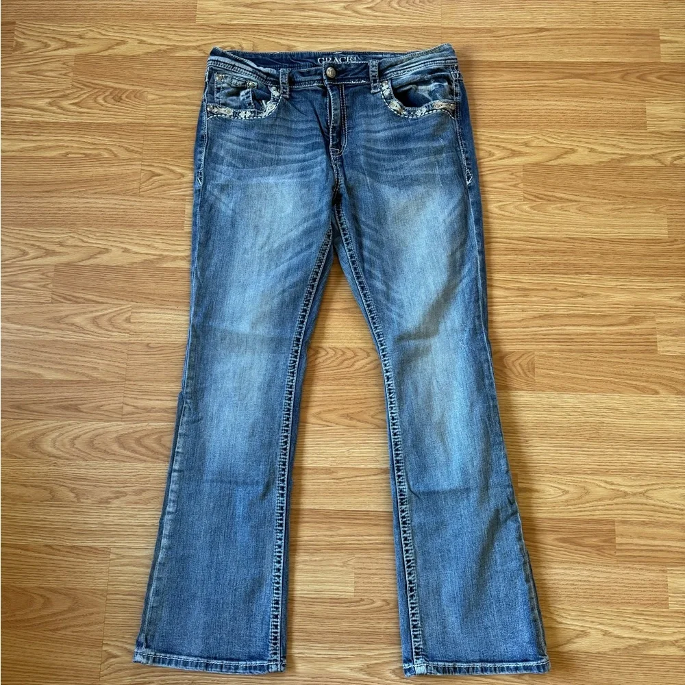 Grace In LA Embellished Jeans 32 Cowgirl Rhinestone Gold Embroidered Hearts EUC - Picture 10 of 11